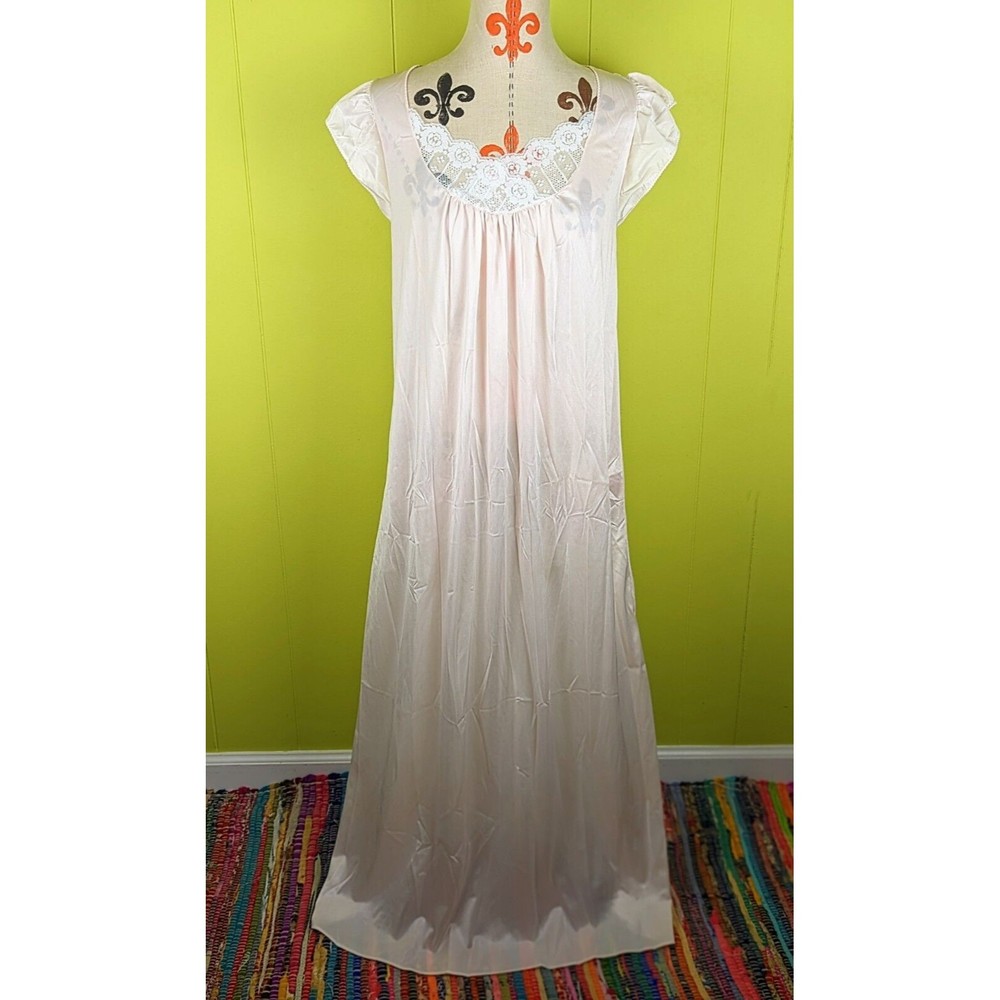 VTG 70's Kaydette Women's Sz M 34-36 Long Sleep Dress Nightgown Lace Nylon Pink